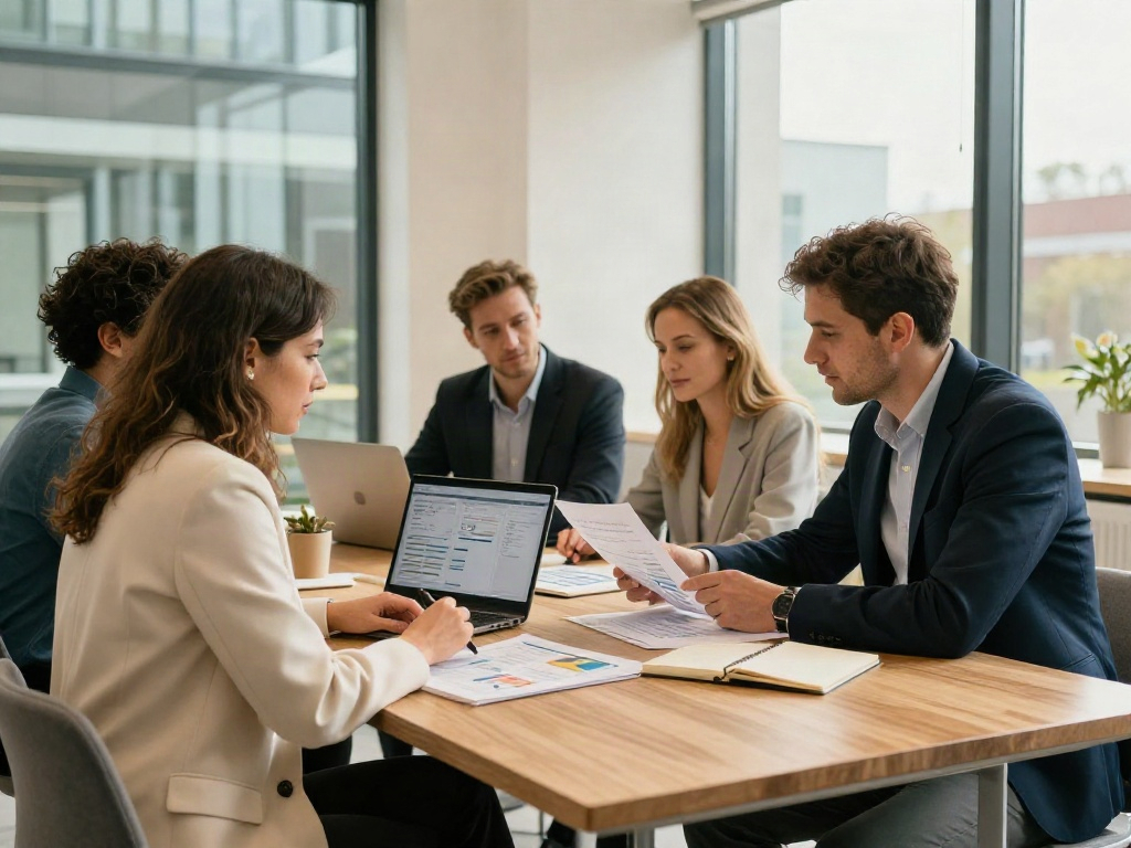 Consultants collaborating on business charts and strategic priorities around a meeting table